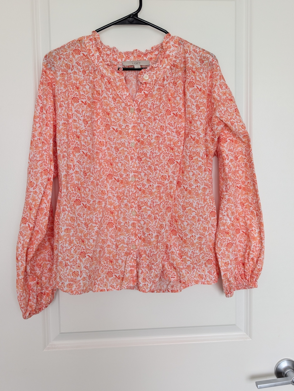 LOFT Coral Pink Floral Button-Front Peasant Top